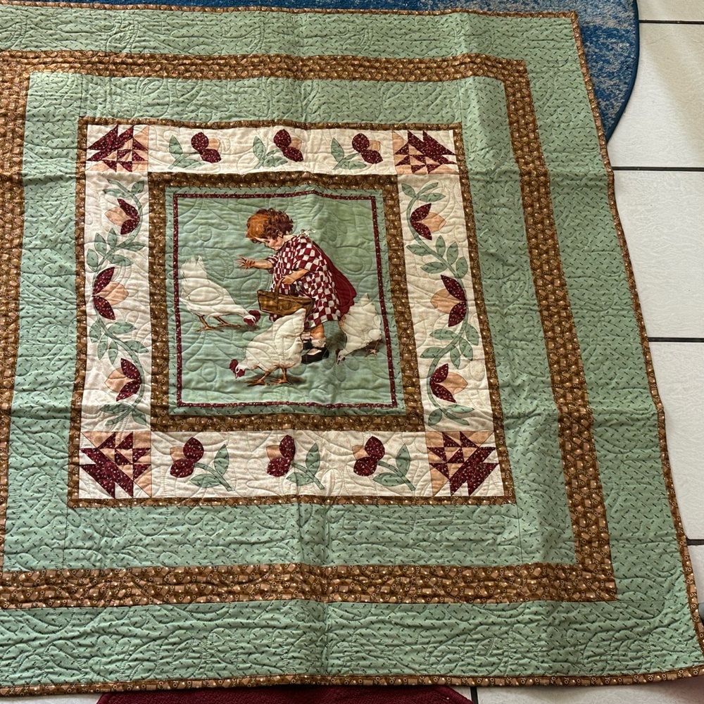 Vintage Style Quilted Blanket with Farm Scene